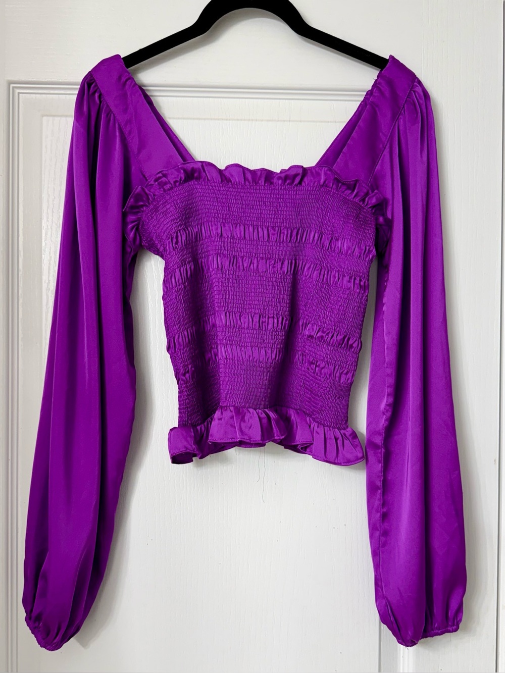 Vestique Purple Smocked Square-Neck Blouse with Bishop Sleeves